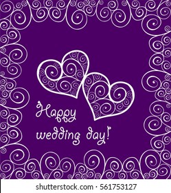 Wedding violet background with lacy curled hearts and frame
