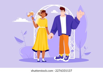 Wedding violet concept with people scene in the flat cartoon design. A young couple stands at the altar on their wedding day. Vector illustration.