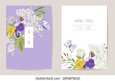 Wedding violet pansy floral Save the Date set. Vector spring flower boho invitation card. Watercolor template frame, foliage cover, modern background design