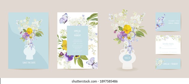 Wedding violet pansy floral Save the Date set. Vector spring flower boho invitation card. Watercolor template frame, foliage cover, modern background design