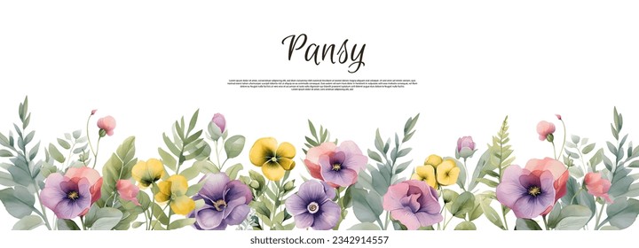 Wedding violet pansy floral Save the Date set. Vector purple spring flowers boho invitation card. Watercolor template frame, foliage cover, modern poster, trendy design