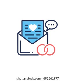 Wedding Vowes - modern vector single line design icon. Two rings for marriage, a letter page with a heart showing from envelope. White background, red, blue color, speech bubble sign.