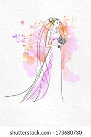 Wedding watercolor art with beautiful bride