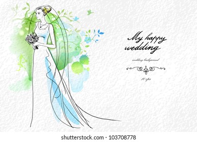 Wedding watercolor background with beautiful bride