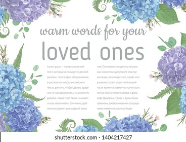 Wedding, watercolor card.Leaves, blooming branches eucalyptus, salal, chamaelaucium, seasonal fern.Blue, purple, of flower hydrangea.Vector.Floral horizontal composition.Isolated and editable 
