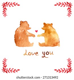 wedding watercolor elements set. bear in love. bear silhouette. romantic postcard with bear. Vector Valentine's Day doodles. Romantic hand drawn elements. Love you text.