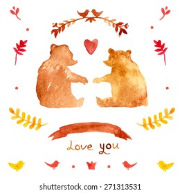 wedding watercolor elements set. bear in love. bear silhouette. romantic postcard with bear. Vector Valentine's Day doodles. Romantic hand drawn elements. Love you text.