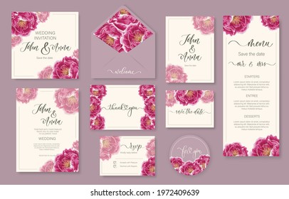 Wedding watercolor floral invitation, thank you, reply, menu, rsvp with gently watercolor flowers peony