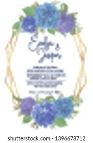 Wedding, watercolor flower.Leaves, blooming branches eucalyptus, gaultheria, salal, chamaelaucium, seasonal fern.Blue, purple, of hydrangea.Vector design gold vertical frame.Isolated and editable 

