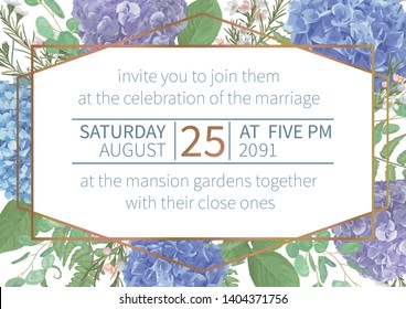 Wedding, watercolor flower.Leaves, blooming branches eucalyptus, gaultheria, salal, chamaelaucium, seasonal fern.Blue, purple, of hydrangea.Vector design gold horizontal frame.Isolated and editable 
