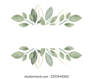 Marco en blanco de diseño de vegetación follórica acuarela de boda. Elegancia delicada del elemento de plantilla para la invitación. Borde de hojas verdes de bifurcación. Ilustración vectorial aislada en fondo blanco