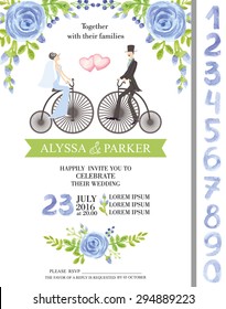 Wedding  watercolor invitation cards with flowers elements ,couple bride,groom on retro bike,numbers letters. Cute retro collection with blue roses bouquet, green branches.Vector Illustration