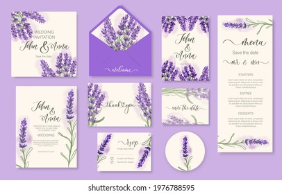 Wedding Watercolor Lavender Floral Invitation, Thank You, Reply, Menu, Rsvp