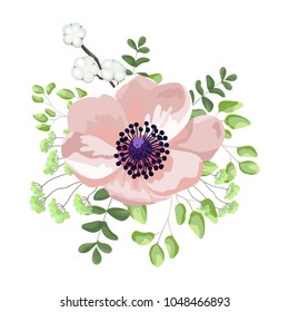 Wedding watercolor light pink anemone flower, vector invite card with floral design, flowers in pastel color with cotton branch, eucalyptus, green grass, leaves. Boho design in rustic elegant style.