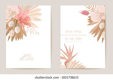 Wedding watercolor orchid flowers Invitation, dry tropical palm leaves card, dried pampas grass template vector. Botanical Save the Date foliage cover, modern poster, trendy design, luxury background