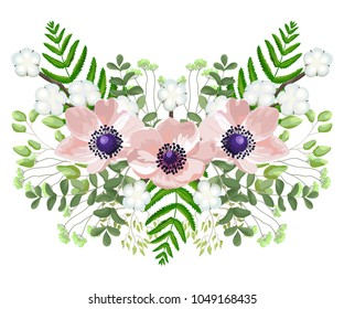 Wedding watercolor pink anemones, vector invite card with floral design, spring flowers in pastel color with green grass, eucalyptus branches, leaves. Boho design in rustic elegant style.