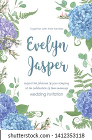 Wedding, watercolor seasonal flower card.Leaves, blooming branches eucalyptus, gaultheria, salal, chamaelaucium, seasonal fern.Blue, purple, of hydrangea. vector design frame.Isolated and editable