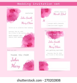 Wedding watercolor set. Invitation template, RSVP card template, save the date card template, thank you card template, place card template with pink watercolor blots. Vector EPS 10.