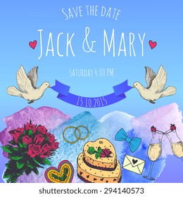 Wedding watercolor vector invitation. Save the date.