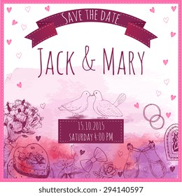 Invitación vectorial de acuarela de boda.Guarde la fecha.