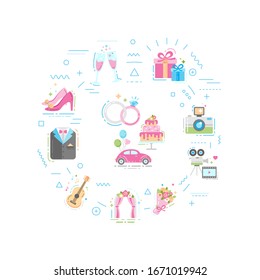 Cartel web de boda. Infografía con iconos lineales sobre fondo blanco. Concepto creativo. Ilustración de color de contorno aislada