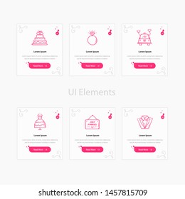 Wedding web cards template with text and icon. Website and application cards design templates collection. Ui elements