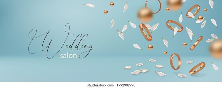 Encabezado del sitio web de bodas. Composición conceptual abstracta con anillos dorados de boda voladores y pétalos blancos. Ilustración 3d realista