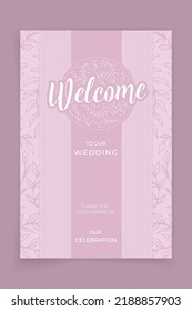 Wedding welcome banner with white leaf line on pink pastel background. Elegant and luxury style.