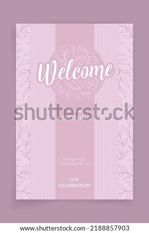 Wedding welcome banner with white leaf line on pink pastel background. Elegant and luxury style.