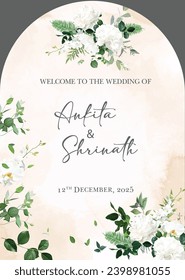 Wedding welcome board,Classic white peony, hydrangea, magnolia and orchid flowers,Watercolor background. 