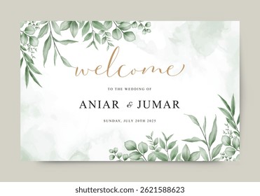 Modelo de cartão de boas-vindas de casamento definido com plantas verdes para cobertura, banner, cartão, etc.