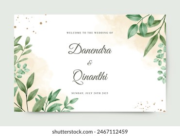 Wedding welcome sign with beautiful watercolor green leaves