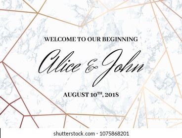 Wedding Welcome Sign Poster template. Geometric design in rose gold on the marble background. Dimensions horizontal A3 format. Seamless marble pattern in the palette.