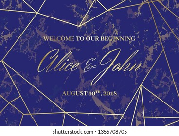 Wedding Welcome Sign Poster template. Geometric design. Golden lines on the blue marble background. Dimensions horizontal A3 format.