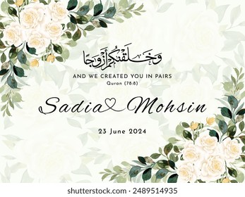 Wedding welcome sign template with beautiful white floral. wedding welcome sign gold frame. Wedding welcome sign template with leaves watercolor. 