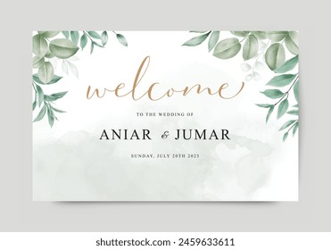 Wedding welcome sign template with leaves watercolor