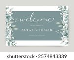 Wedding welcome sign template set with watercolor green leaves floral