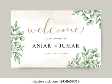 Wedding welcome sign with watercolor green leaves