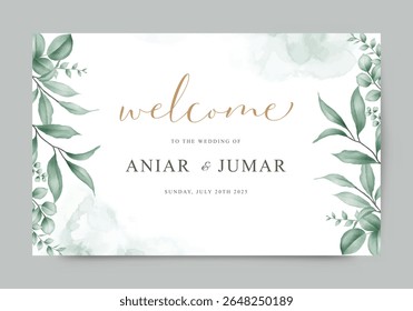 Wedding welcome sign with watercolor plant leaves