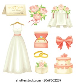 Wedding White Dress, Cake and Flower Bouquet Vector Set