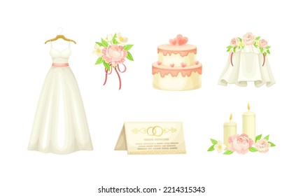 Wedding White Dress, Cake and Flower Bouquet Vector Set