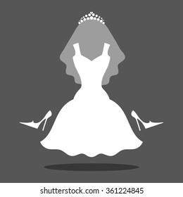 Wedding White Dress  Icon.Fashion Logo Template,modern Flat Style,background.Vector Party Dress.Isolated Sign.Bridal Shower Dress,shoes,veil.Simple Flat Vector Cocktail ,holiday Dress Silhouette.EPS