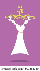 Wedding white dress on yellow hunger isolated on rose.