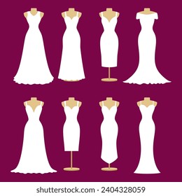 Juego de vestidos blancos caseros. Ropa para la ceremonia matrimonial. Festividad y festival, evento. Vestir diferentes estilos para la fiesta de novias. Ilustración del vector