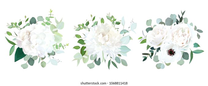 Wedding white flowers vector design bouquets.Hydrangea, rose, anemone, ranunculus, chrysanthemum,eucalyptus, greenery.Floral border composition.Trendy watercolor.All elements are isolated and editable