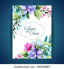 Wedding white invitation or greeting card  with flowers. Watercolor hand drawing. Vector illustration