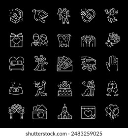 Wedding, white line icons. Marriage ceremonies and related symbols. celebration and relationship themes. Symbols on black background. Editable stroke.