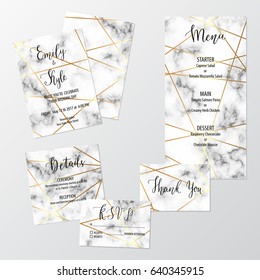 Wedding white marble design set with geometric gold lines including invitation, menu, RSVP, thank you and details card. 