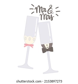 Wedding wineglass mr mrs flat vector illustration