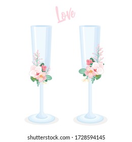 Wedding wineglasses. Flat illustration. Set of hand drawn wedding elements.